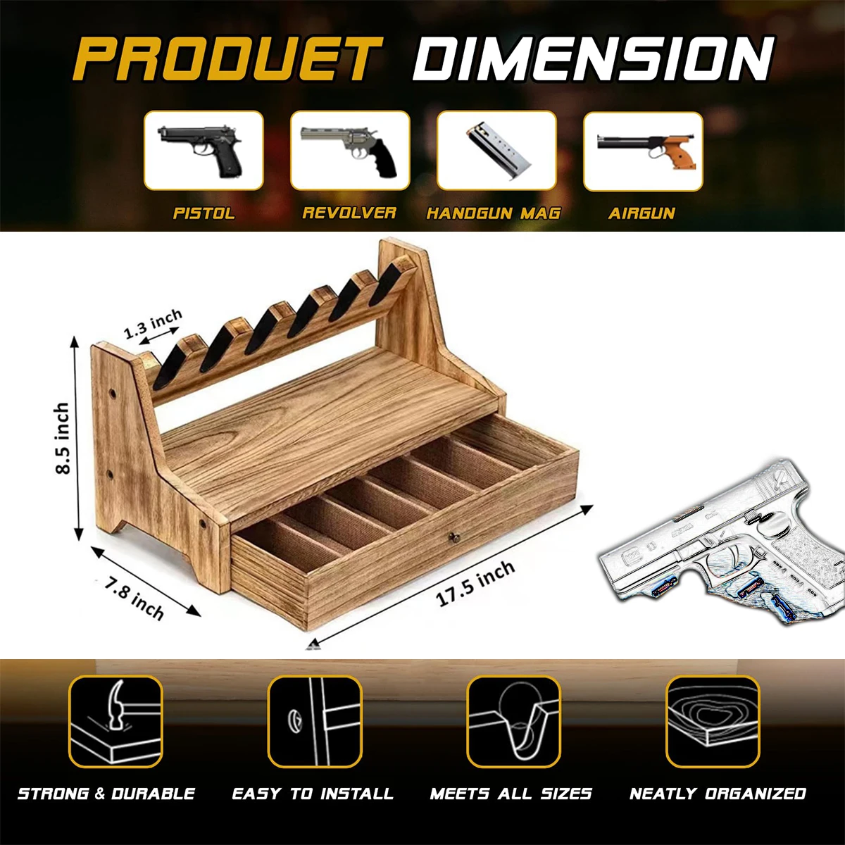 Pistol Rack for Handgun Gun Display Wood Gun Rack Holder for Gun Safe with Drawer Indoor Pistol Stand for Gun Cabinets, Desk