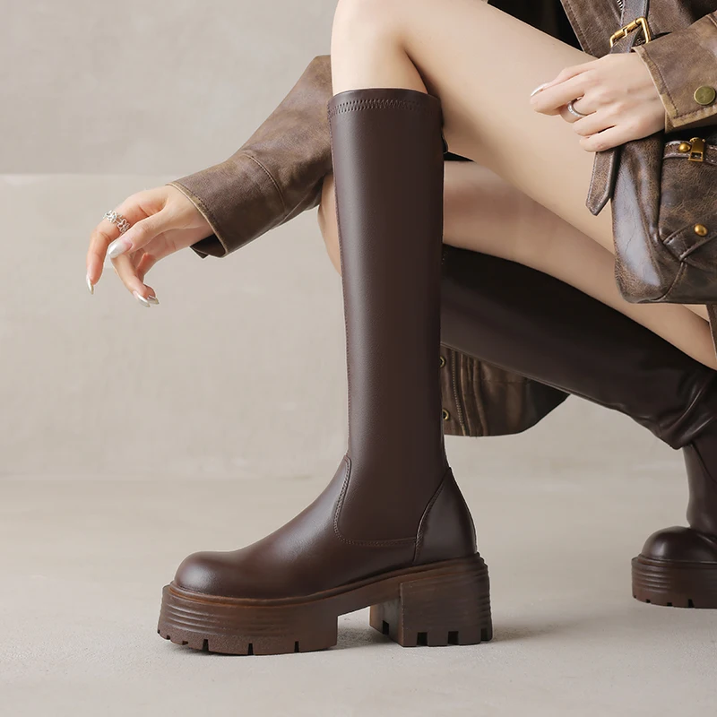 Black High-calf Knight Boots Women Spring Autumn Single-brand Small Person Slim Thick-soled Mid-calf Boots Coffee Color Long