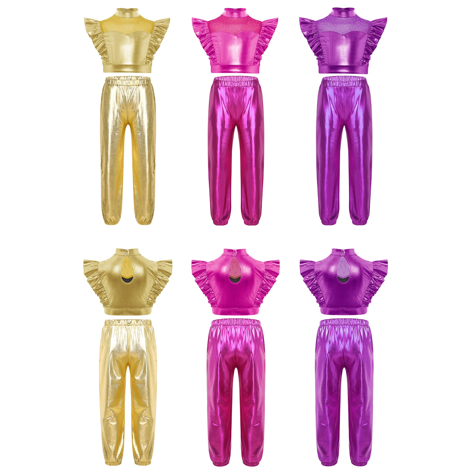 Kids Girls Hip Hop Jazz Street Dance Outfit Sleeveless Rhinestone Mesh Crop Top with Metallic Shiny Pants School Show Dancewear image 4