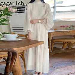 Gagarich Vintage Loose Solid Fungus Splicing Long Dress Woman Elegant Stand Collar Lantern Sleeves Polka Dot A-line Vestidos Ins