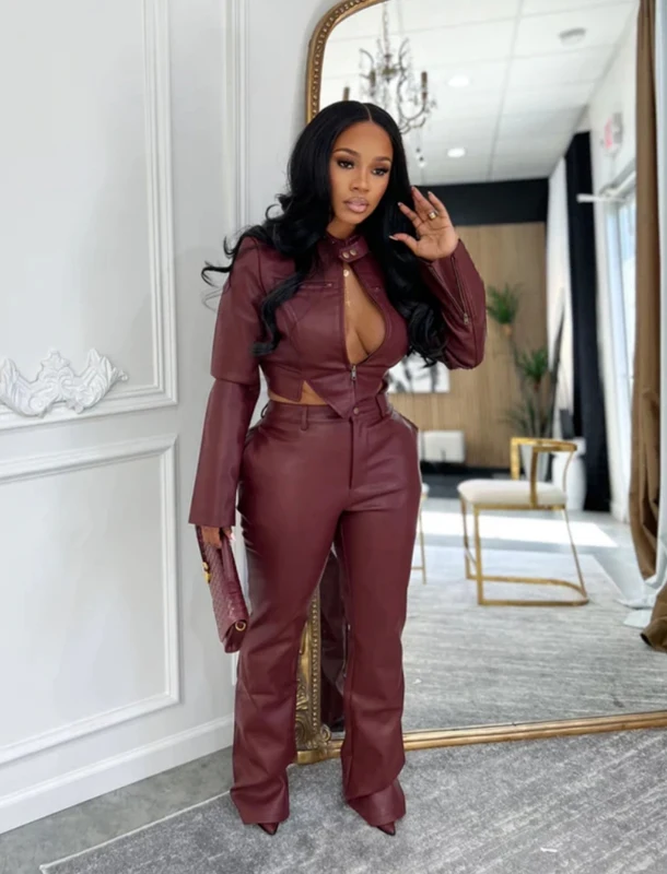 أطقم سراويل نسائية من جلد البولي يوريثان مكونة من قطعتين سترة قصيرة بسحاب وأكمام طويلة وبنطلون رصاص بدلة ضيقة عالية الشارع مكونة من قطعتين #2