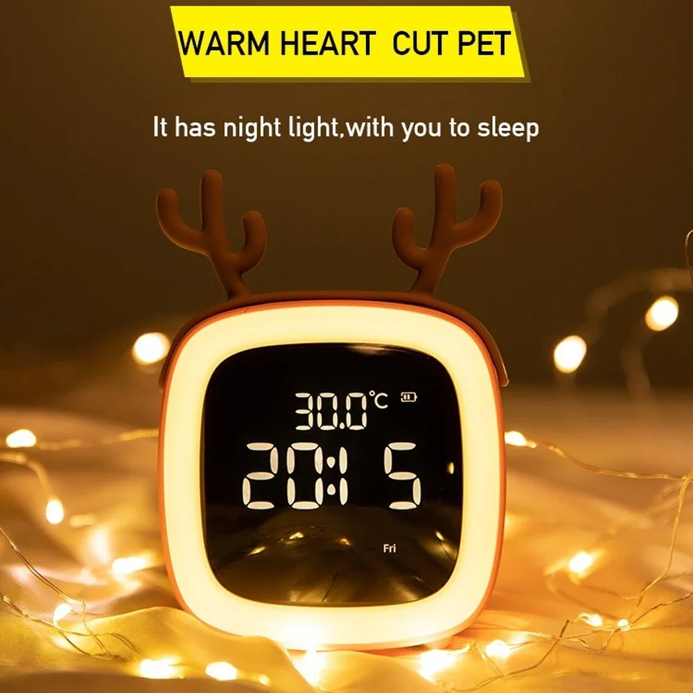 Novelty LED Night Light USB Rechargeable Electronic Alarm Clock for Children Student Gift Bedroom Bedside Cartoon Deer Bear Lamp