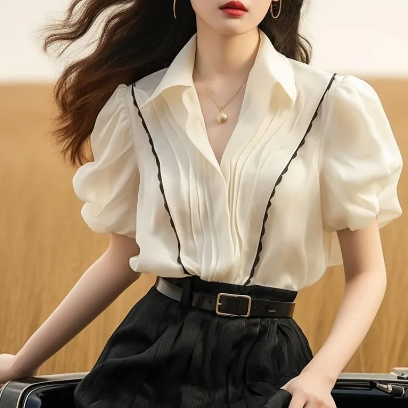 Solid Color Patchwork Women's Pullover Puff Short Sleeve Turn-down Collar Chiffon T-shirt Elegant Fashionable Flattering Tops