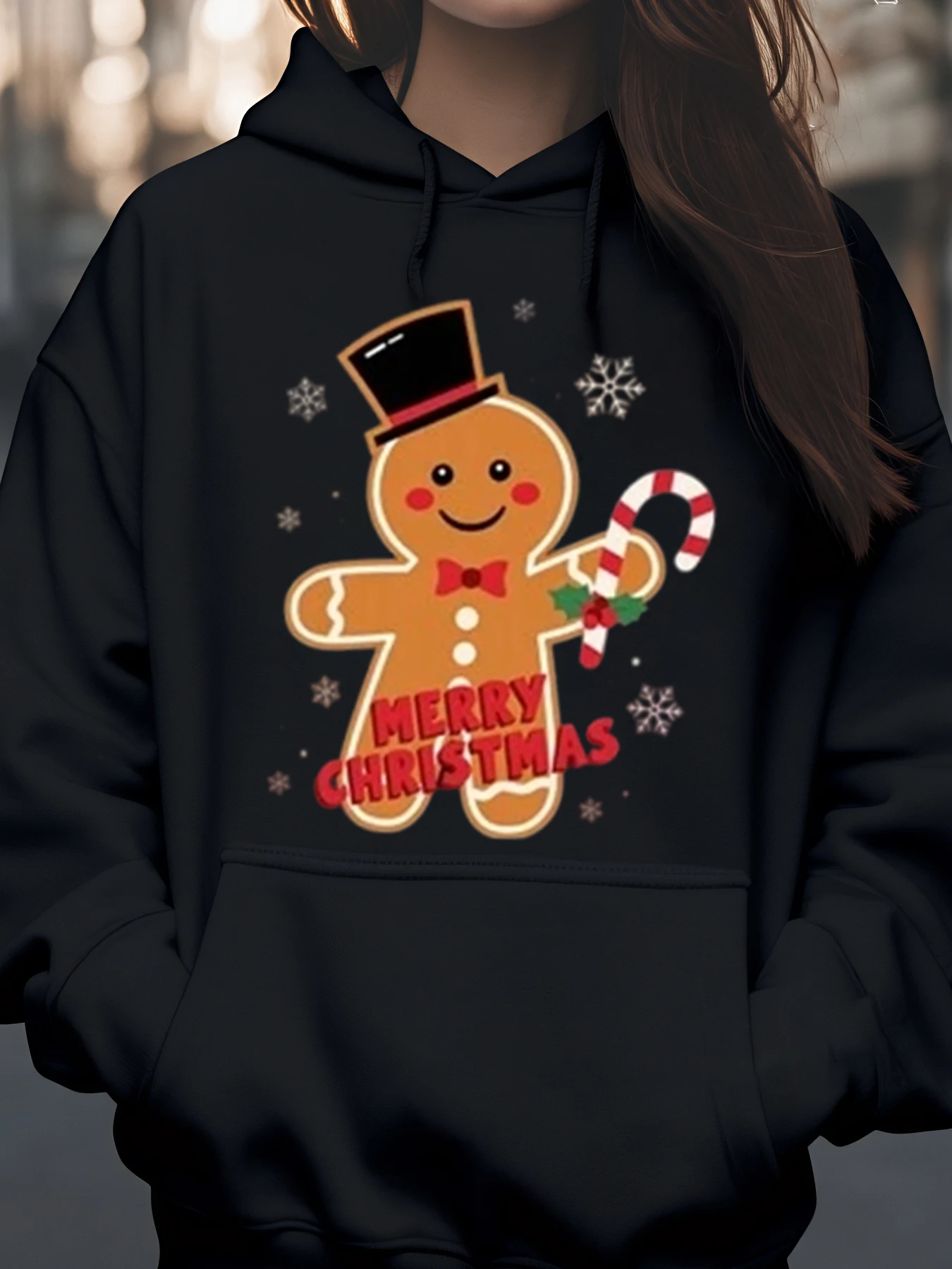 Gingerbread Man Merry Christmas Print Hoodie Holiday Wear for Women