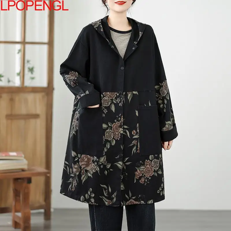 Ethnischer Stil, Retro-Blumen-Patchwork, große Tasche, Denim-Trenchcoat für Damen, lockere und schlankmachende Strickjacke mit Kapuze