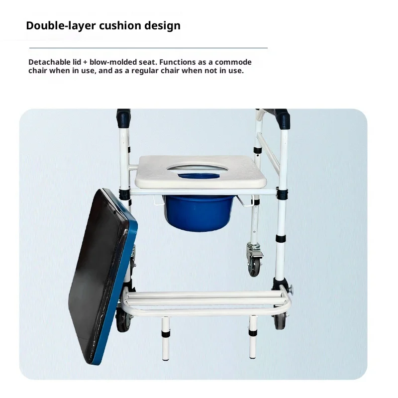 Wheeled Four-Wheel Commode Chair 100kg Capacity Foldable Lightweight Multifunctional Bathroom Shower Chair for Disabled