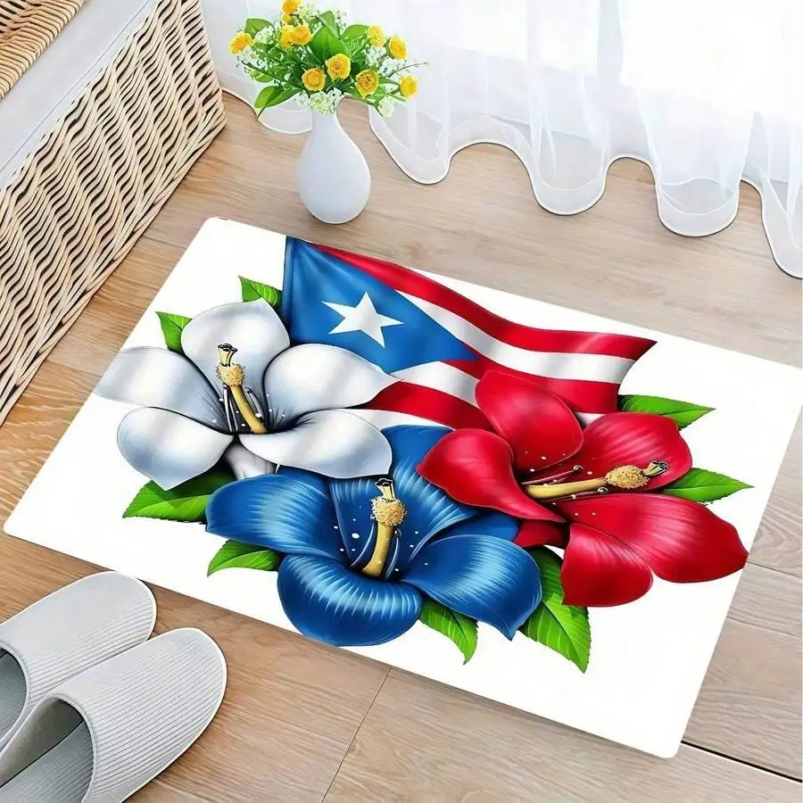 Puerto Rico Flag Door Mat - Hibiscus Flower Floor Rug, Caribbean Style Welcome Mat, Patriotic Home Decor Non-Slip Multiple Sizes
