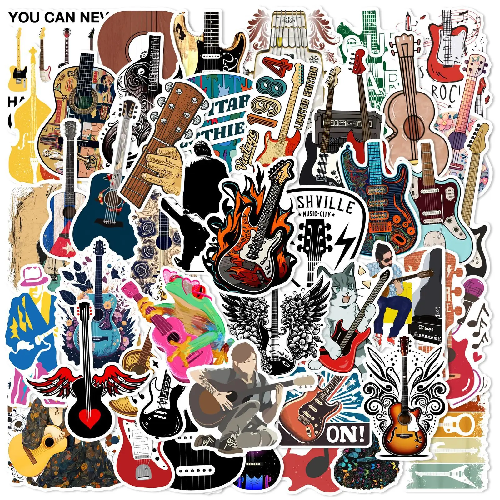 50pcs Guitar Instrument Stickers For Scrapbook Notebooks Phone Vintage DIY Sticker Pack Craft Supplies