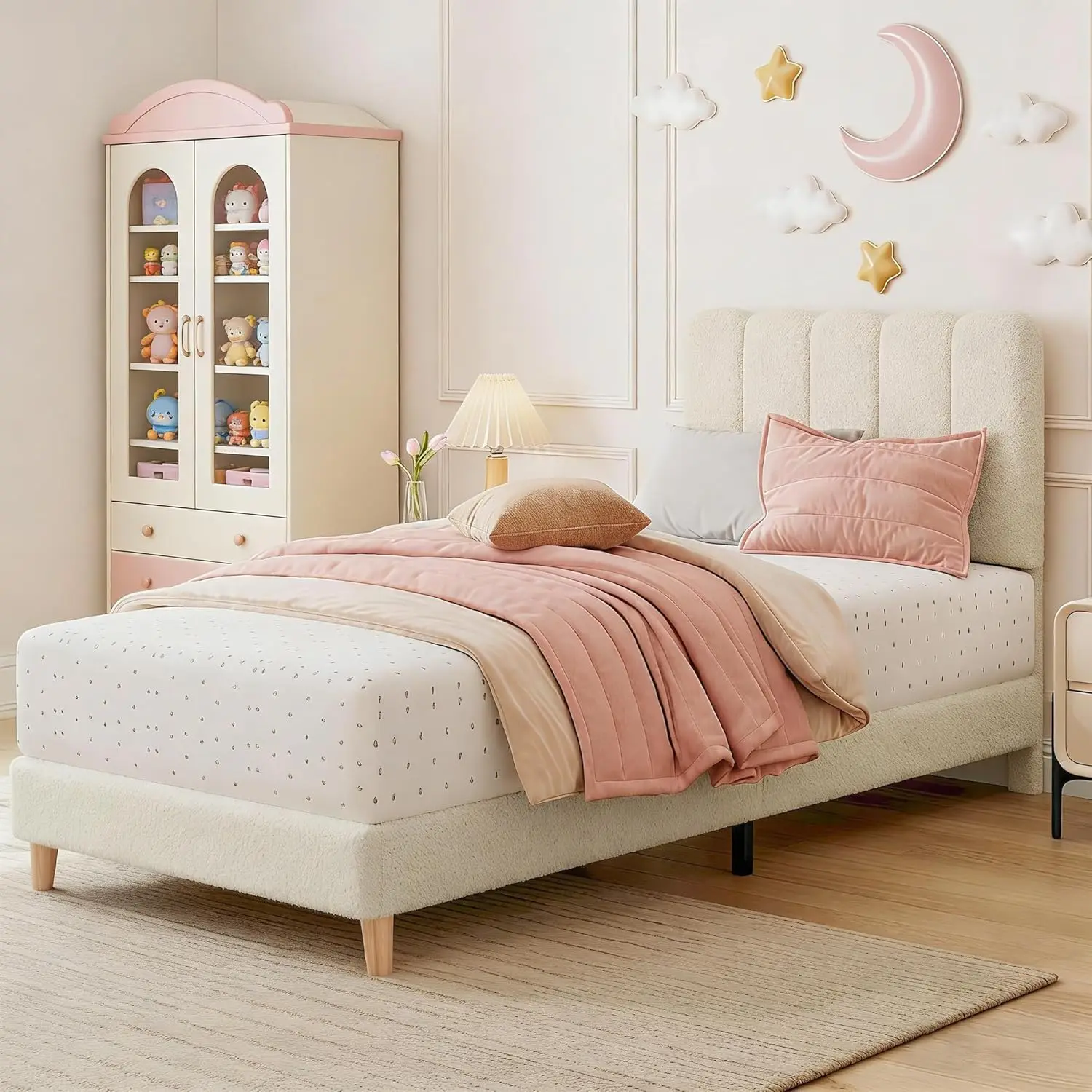 3ft Single Bed Frame 90x190 cm, Bouclé Fabric Upholstered Kids Bed, Modern Low Platform Bed with Adjustable Wavy Headboard, Unde