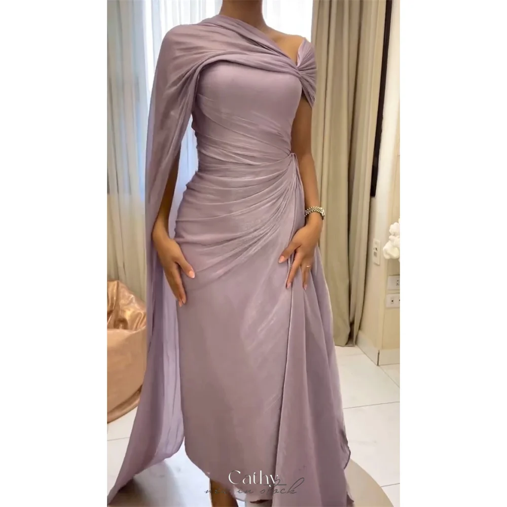 كاثي مخصص الأرجواني كتف واحد ثنيات فساتين لحضور الحفلات الموسيقية شال بلا أكمام vestidos de noiva غمد الكاحل طول مساء رسمي
