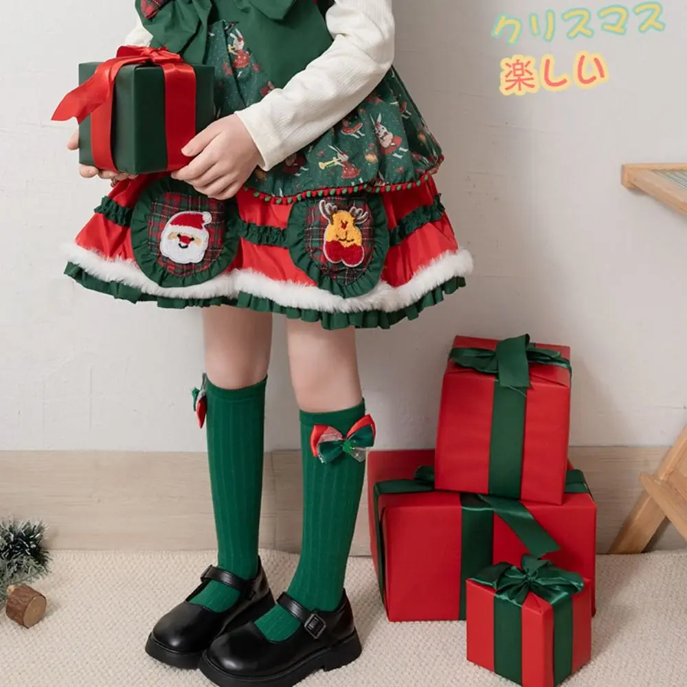 Cute Middle Tube New Year Red Socks Green Thicken Bow Hosiery for Kids Princess Cotton Christmas Socks Home Socks