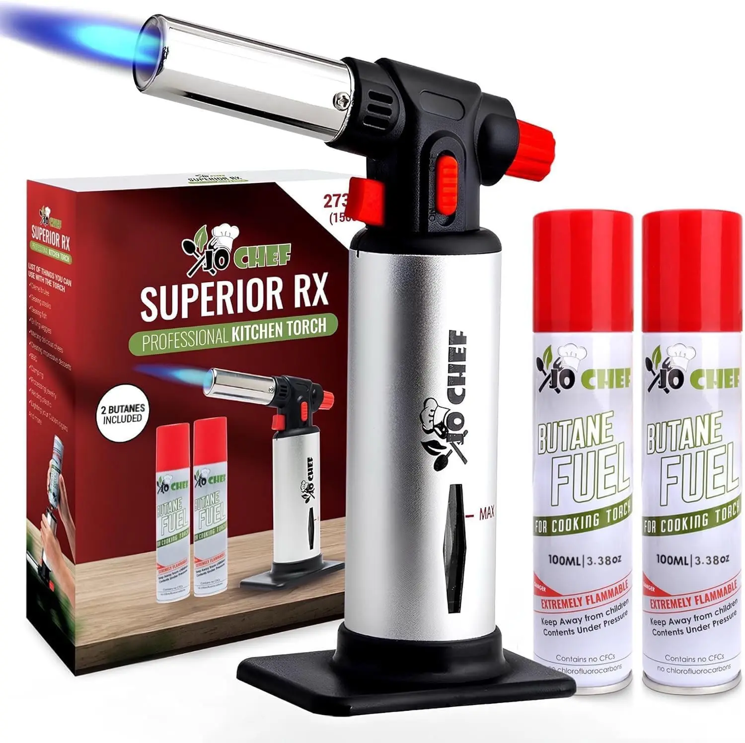 Refillable Butane Kitchen Torch with Adjustable Flame and Safety Lock, Includes 2 Cans for Cooking and Soldering
