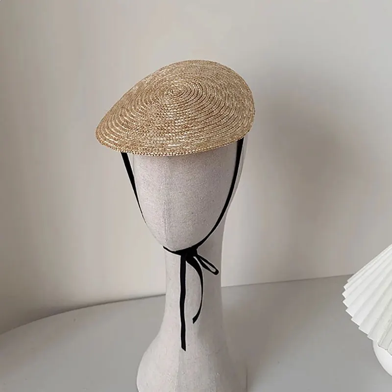 New One Piece French Elegant Strap Natural Straw Fadora Hat For Woman Summer Vintage Photo Runway Vacation Hat With Black Ribbon