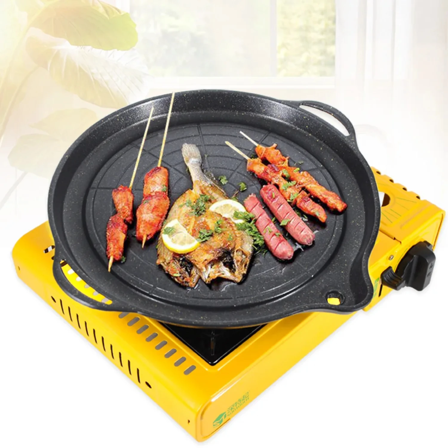 Korean BBQ Grill Pan with Maifan Stone Coated Surface Non-Stick Camping Frying Pan Portable BBQ Grill Plate  Outdoor