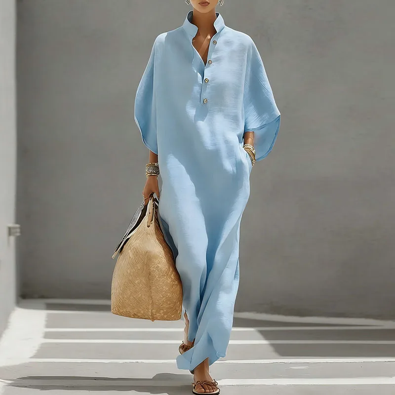 Zomerjurk Bohemian Lange Jurk Dames Sexy Staande Kraag Knoop Elegante Feestjurken Lente Vleermuismouw Losse Maxi Jurk