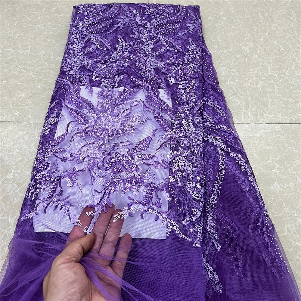 

African Tulle Lace Fabric with Sequins,Nigerian Embroidery, Sewing Net Cloth, Prom Dresses Beads, High Quality,5Yard,YXZ102,2024