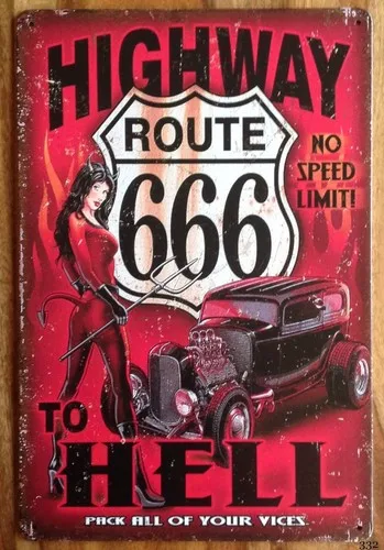 Highway to Hell Route 666 Custom Hot Rods Wall Door Sign Plaque 30 x 20 cm --Tin Sign
