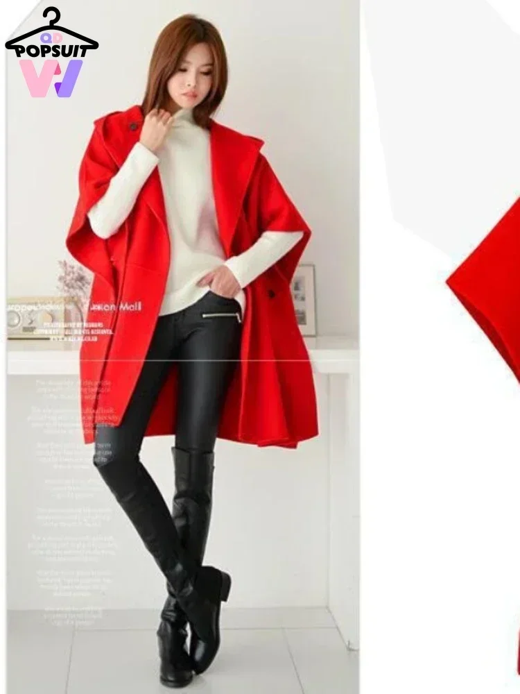 New in Cape Loose Cardigan Outwear Cloak Coats Korean Casual Solid Hooded Wool-like Jackets Pockets Street Wearing Women Wraps