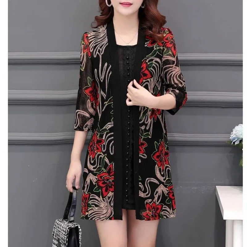 2023 New Fashion Trend Lace Print tre quarti camicia con aria condizionata di media lunghezza capispalla allentata Casual giacca Cardigan semplice