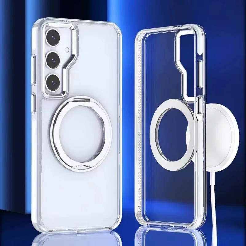 Magnetic Suction Rotating Holder Phone Case for Samsung Galaxy S24 S23 Ultra Plus Transparent Plastic Shockproof Preserve Cover