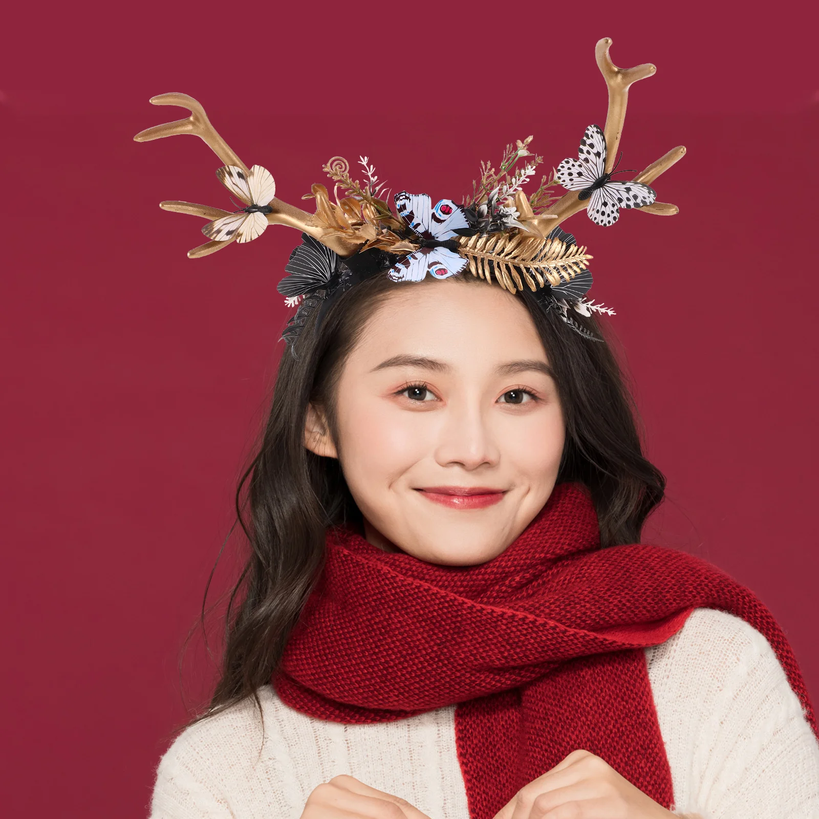 

Exaggerated Deer Antlers Headband Butterfly Floral Design Holiday Cosplay Party Antler Reindeer Headpiece Party Antler Headband