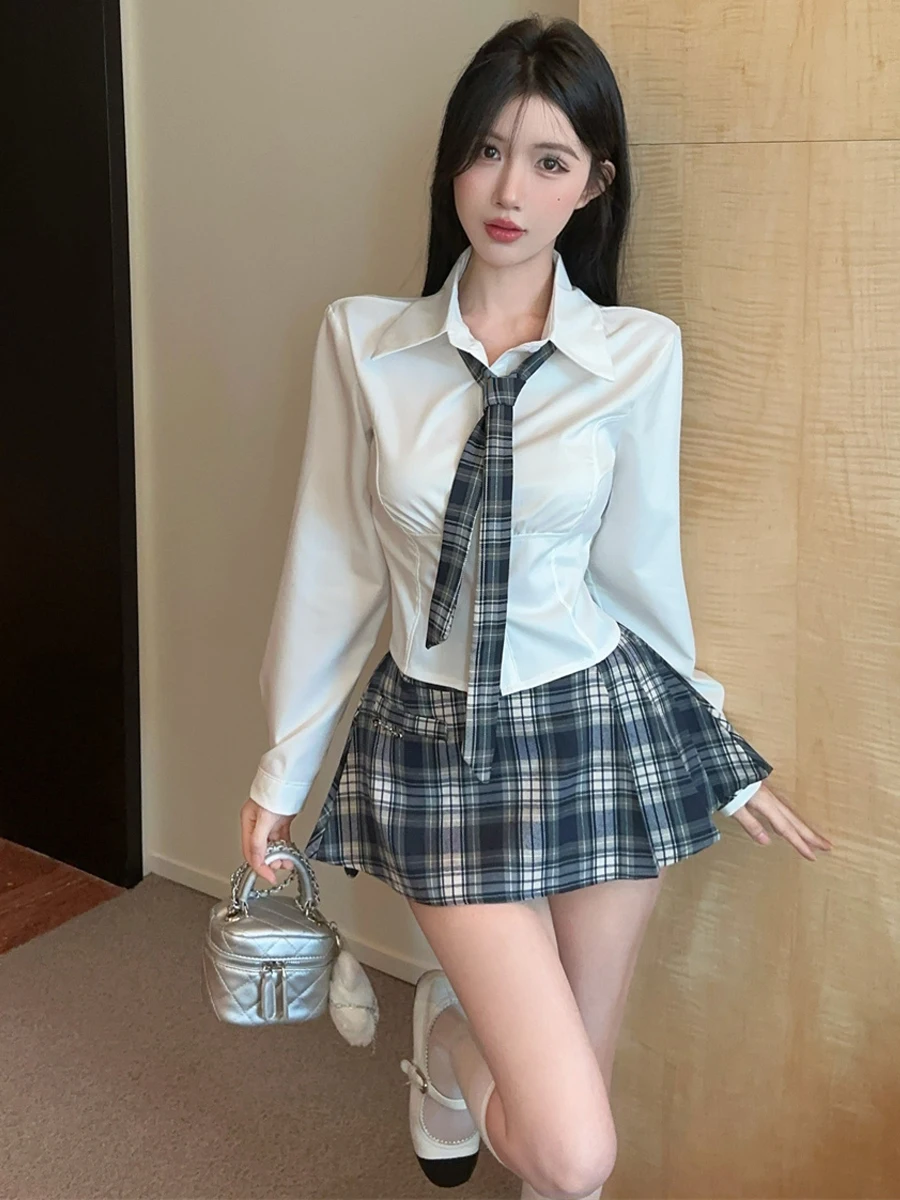 Pure Desire College Style JK Uniform Short Shirt Top with Tie High Waist Plaid  Skirt Sexy Innocent School Uniform Set