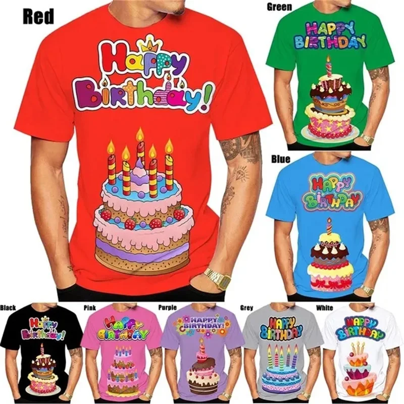 Camiseta gráfica para homens e mulheres com bolo de feliz aniversário, estampa 3D, manga curta, gola redonda, camiseta plus size masculina, tops roupa