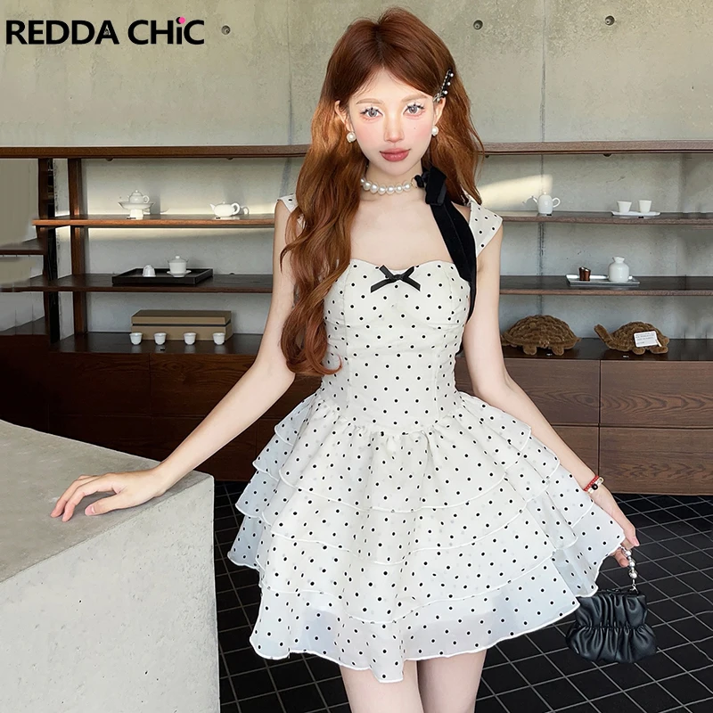 

ReddaChic Bow Backless Puffy Princess Dress Women Lolita OP Polka Dot Layered Ruffle Corset Mini Cake Dress Retro Summer Clothes