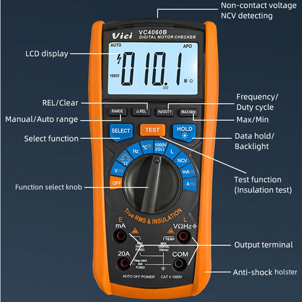 Imagem -04 - Vici-isolamento Digital Resistência Tester Ncv Megohmmeter True Rms ac dc Multímetro Diodo Motor Check Meter Alarme 2000 Ohm 1000v