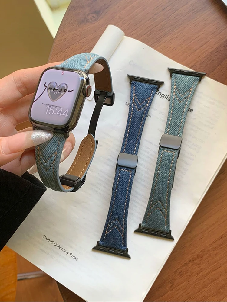 Retro Denim Magnetic Leather Band For Apple Watch 41mm 45mm 40mm 44mm 49 Link Bracelet For iWatch Series 8 Ultra 3 SE 6 7 Strap