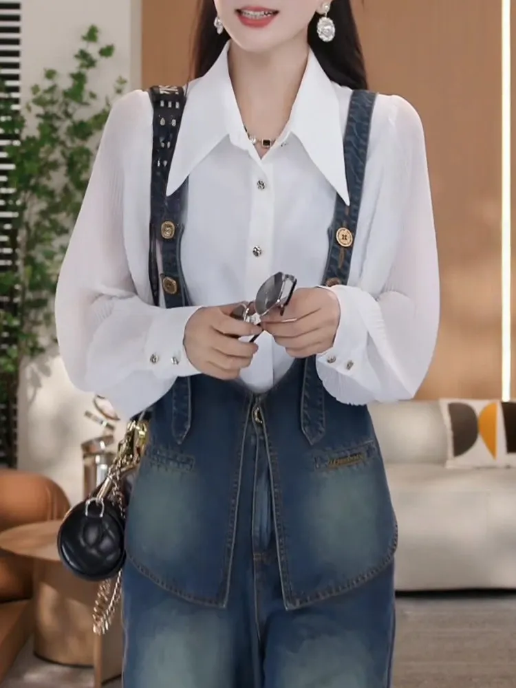 

Весна 2026: Женский джинсовый комбинезон с длинными рукавами и комплект из рубашки, повседневный, свободный крой, дышащий, комфортный, с микроэластаном, цветной