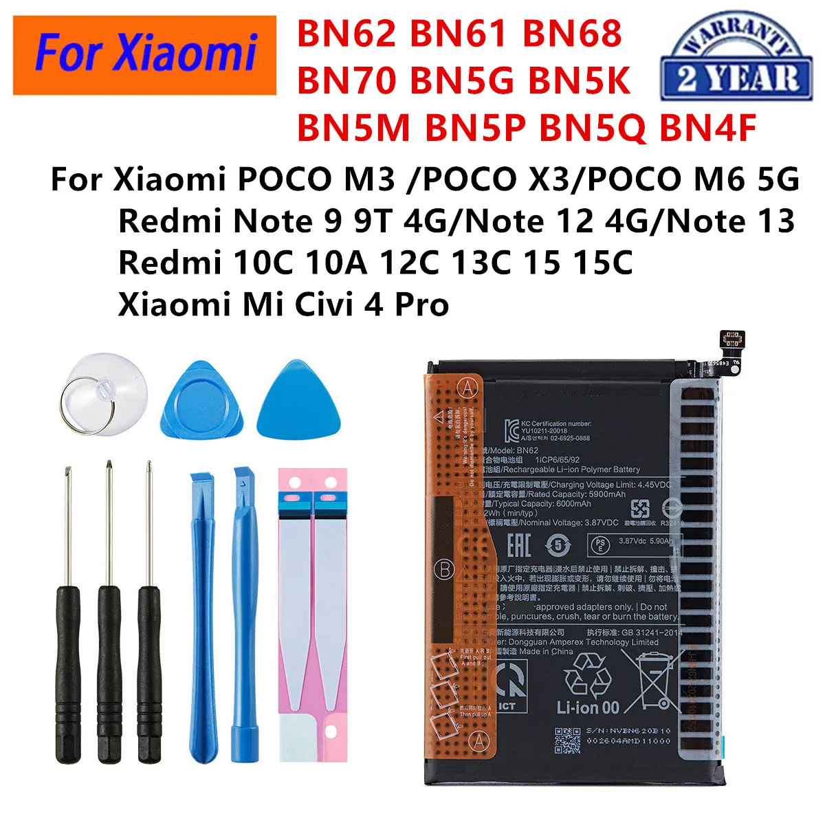 

BN62 BN61 BN68 BN70 BN5G BN5K BN5M BN5P BN5Q BN4F Battery For Xiaomi POCO M3 X3 Note 9T 12 13 Redmi 10C 12C 13C 15C Civi 4 Pro