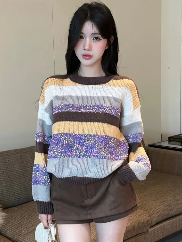 

Loose Fit Striped round Neck Knitwear Stylish Slimming Sweater Trendy Comfortable Breathable Women's Autumn Winter Top
