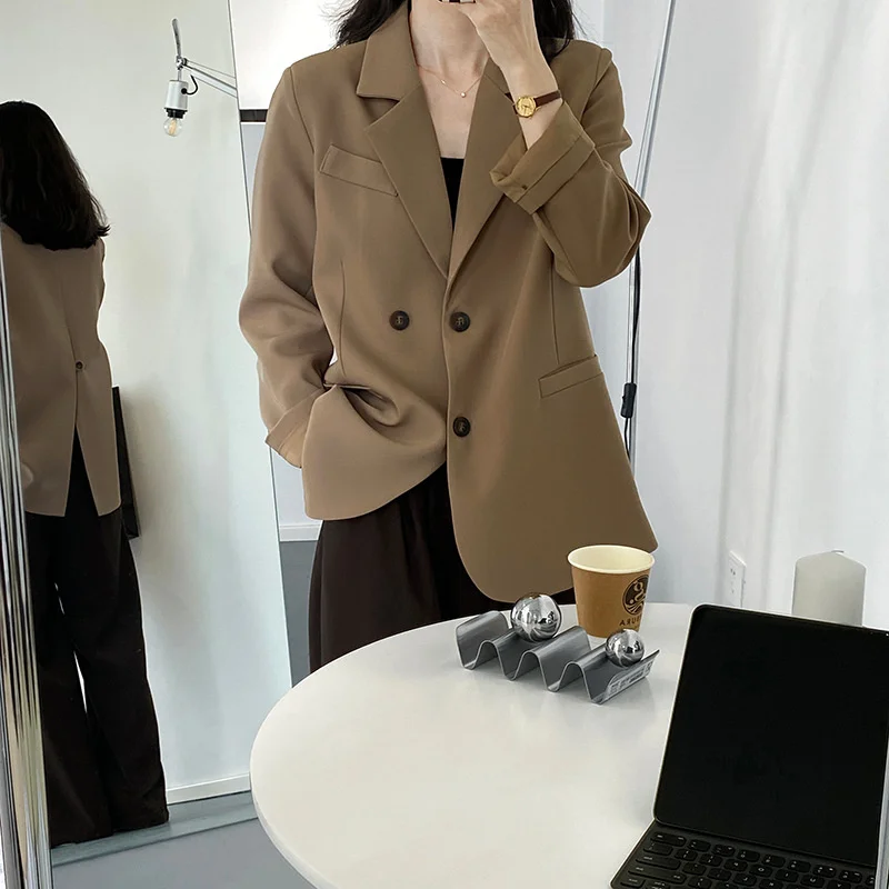 Button Back Split Silhouette Double Breasted Plus Blazer Beige Khaki Black Autumn Women Coat