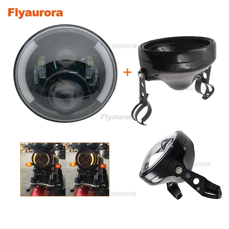 Flyaurora 7Inch 60W DOT SAE E9 Motorcycle Headlamp with angle eye Led Headlight 7inch housing bucket trim ring