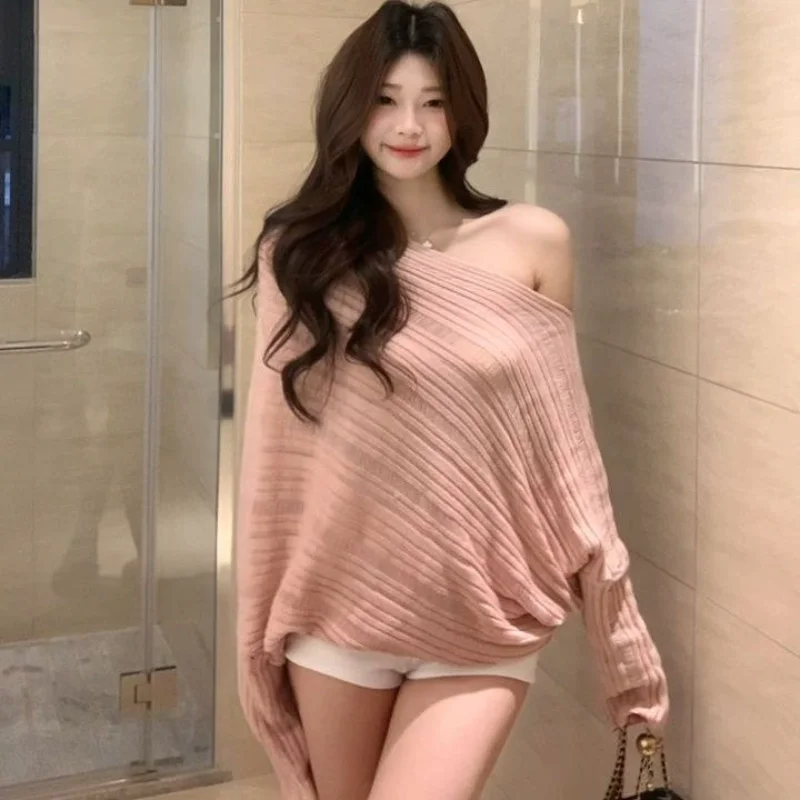 Korean Skew Collar Grunge Solid Knitted Sweaters Harajuku Women Hollow Out Loose Pullovers Y2k Aesthetic Batwing Sleeve Jumpers