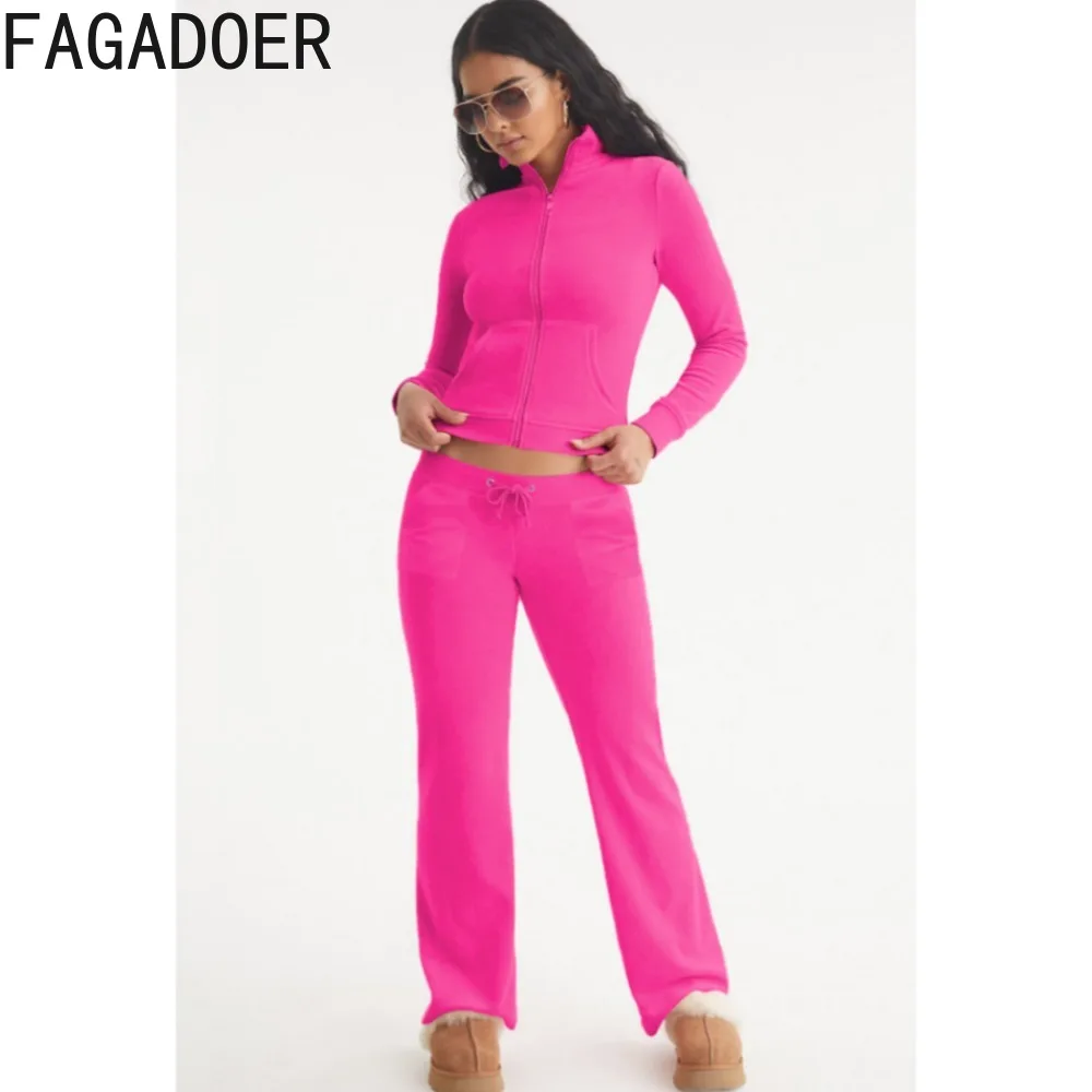 

FAGADOER Autumn Winter Velvet Wide Leg Pants Two Piece Sets Women Zipper Long Sleeve Top And Pants Tracksuit Casual 2pcs Outfits