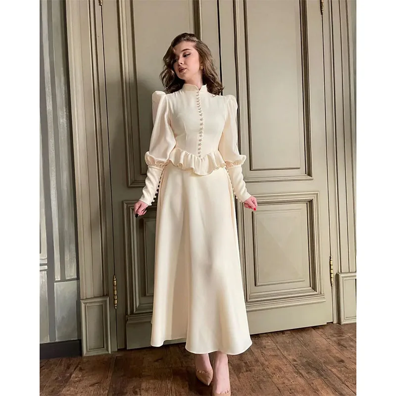 

Modern Ankle Length Prom Dresses Pearls Button A-Line Maxi Dress Ruffles Long Sleeve High Collar Dresses for Formal Occasions