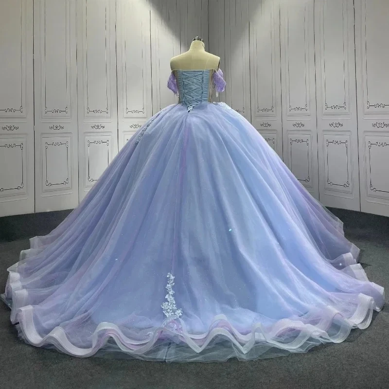 Lilac Sky Blue Shiny Princess Ball Gown Quinceanera Dresses Off Shoulder Applique Lace Beads Tull Birthday Party Vestidos De Xv