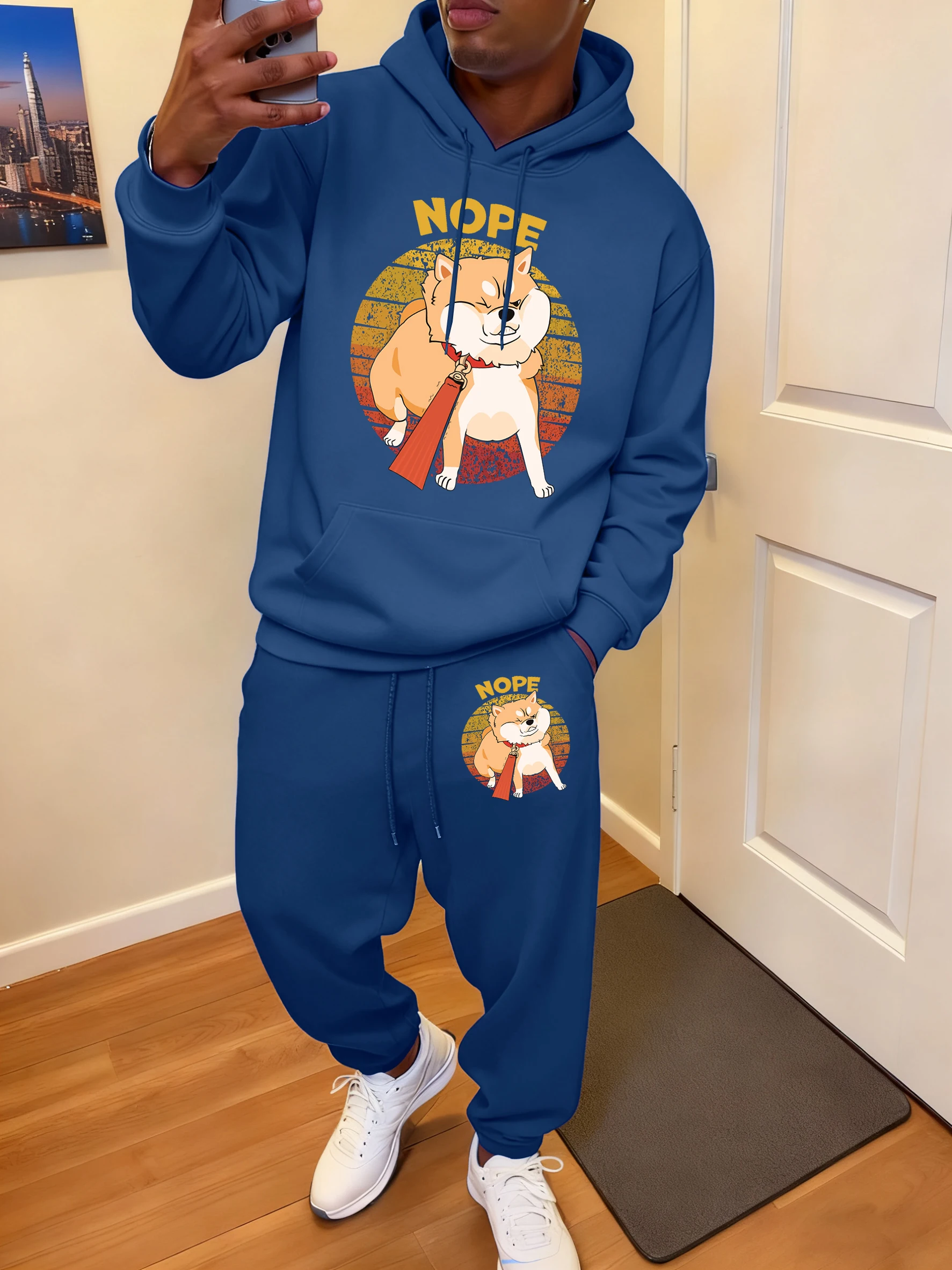 

Nope Resistant Shiba Inu Print Man Casual Pullover All-Match Fleece Hoody Set Autumn Jogging Pants Pocket Sports Mens Clothes