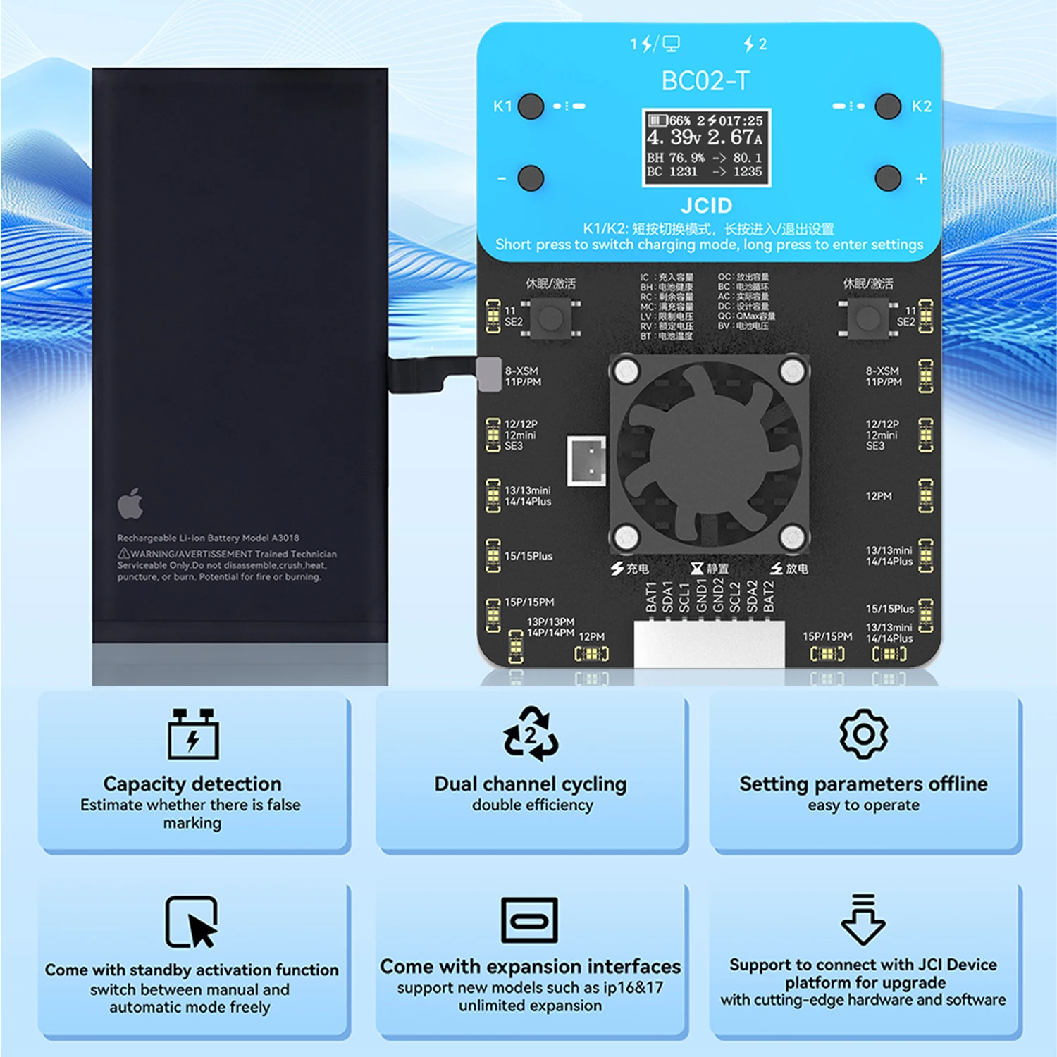 JCID BC02-T Batterie-Cycler, Zweikanal-Zyklus, Hochstrom-Laden und Entladen für iPhone 11–15 Uhr, Reparatur-Batterie-Zyklus-Werkzeug