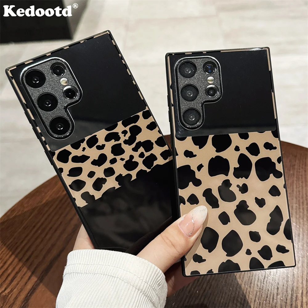 Leopard Print Half Mirror Surface Tempered Glass Phone Case For Samsung Galaxy S24 S23 S22 S21 Ultra Plus FE Speckle Back Cover