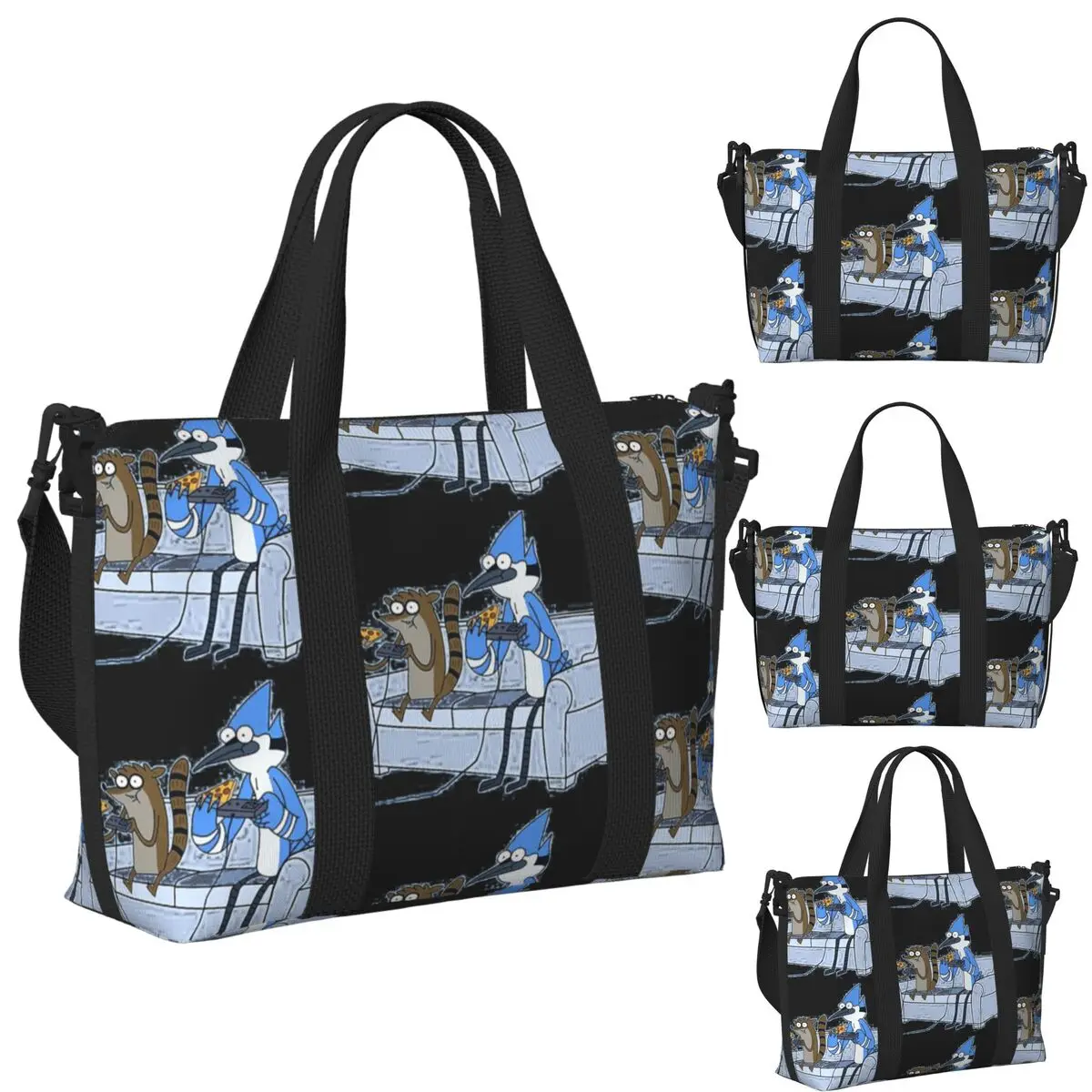 

Mordecai And Rigby Pizza And Video Games Пляжная дорожная сумка Большая вместительная сумка-тоут для йоги Женская дорожная сумка для покупок