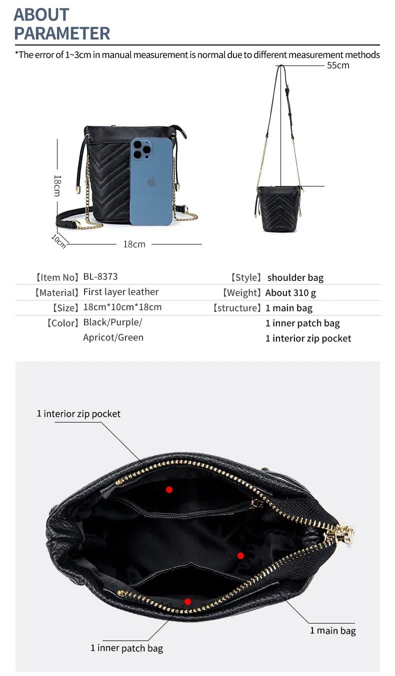 حقيبة نسائية من الجلد المحبب الأصلي لعام 2025 - حزام سلسلة أنيق، دلو كتف صغير ناعم مطرز مخطط ومحفظة كروس #6