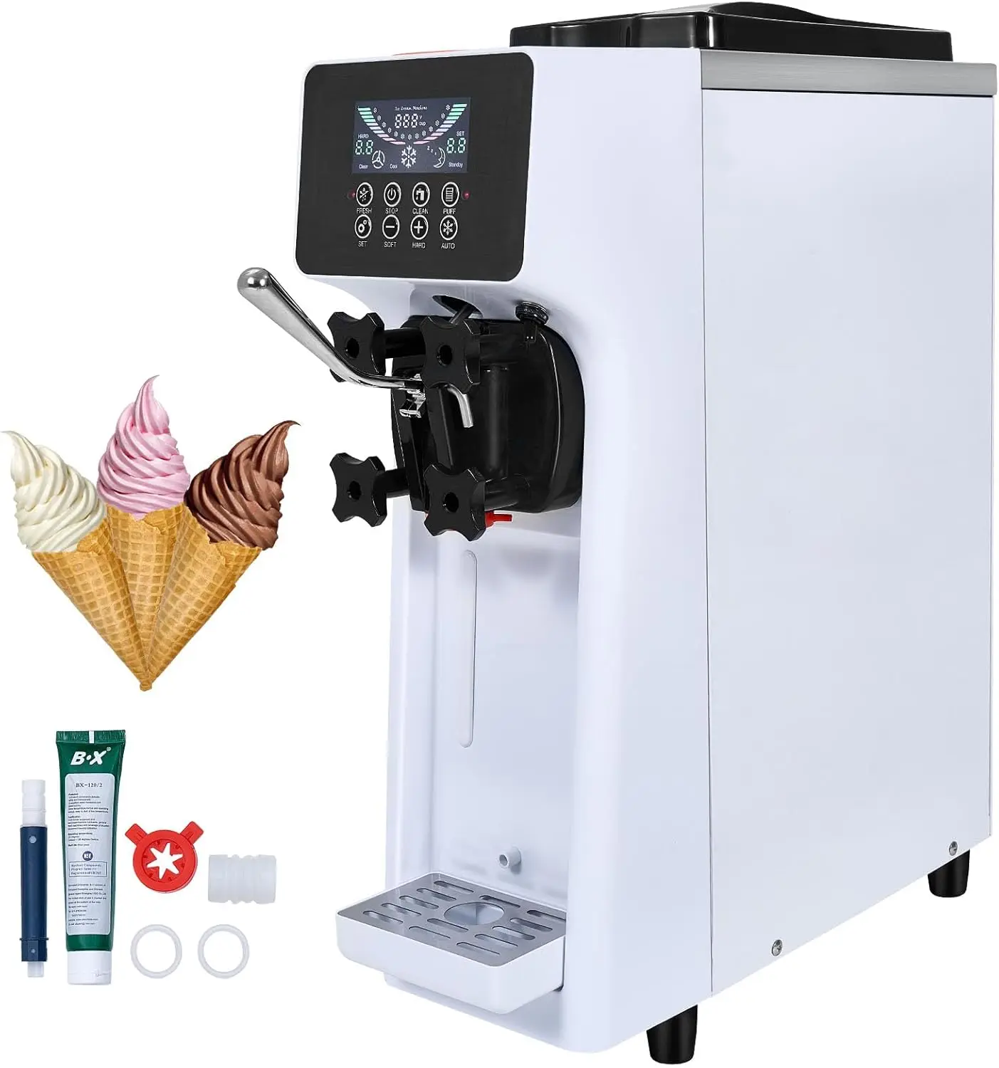 

Commercial Ice Cream Machine, 10.6 QT/H Yield, 1000W Single Flavor Countertop Soft Serve Ice Cream Maker, with 4L Hopper