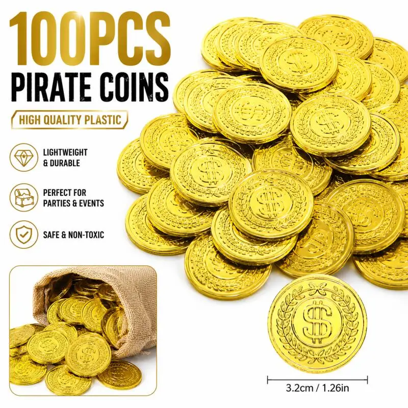 100Pcs Fake Gold Pirate Coins Plastic Treasure Coins 3.2cm for Game Play Halloween Themed Party Cosplay Decoration Party DIY