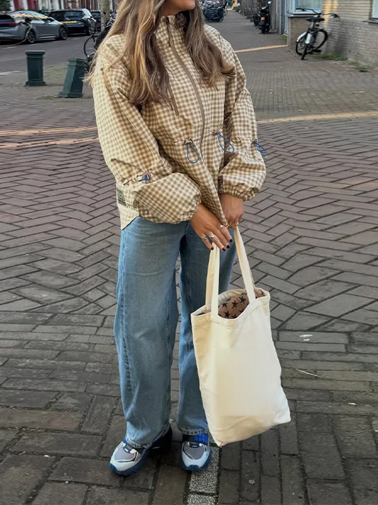Drawstring Waist Plaid Zipper Jacket Women Hooded Casual Long Sleeve Loose Coat 2026 Spring Female Coat Commute Street Jackets