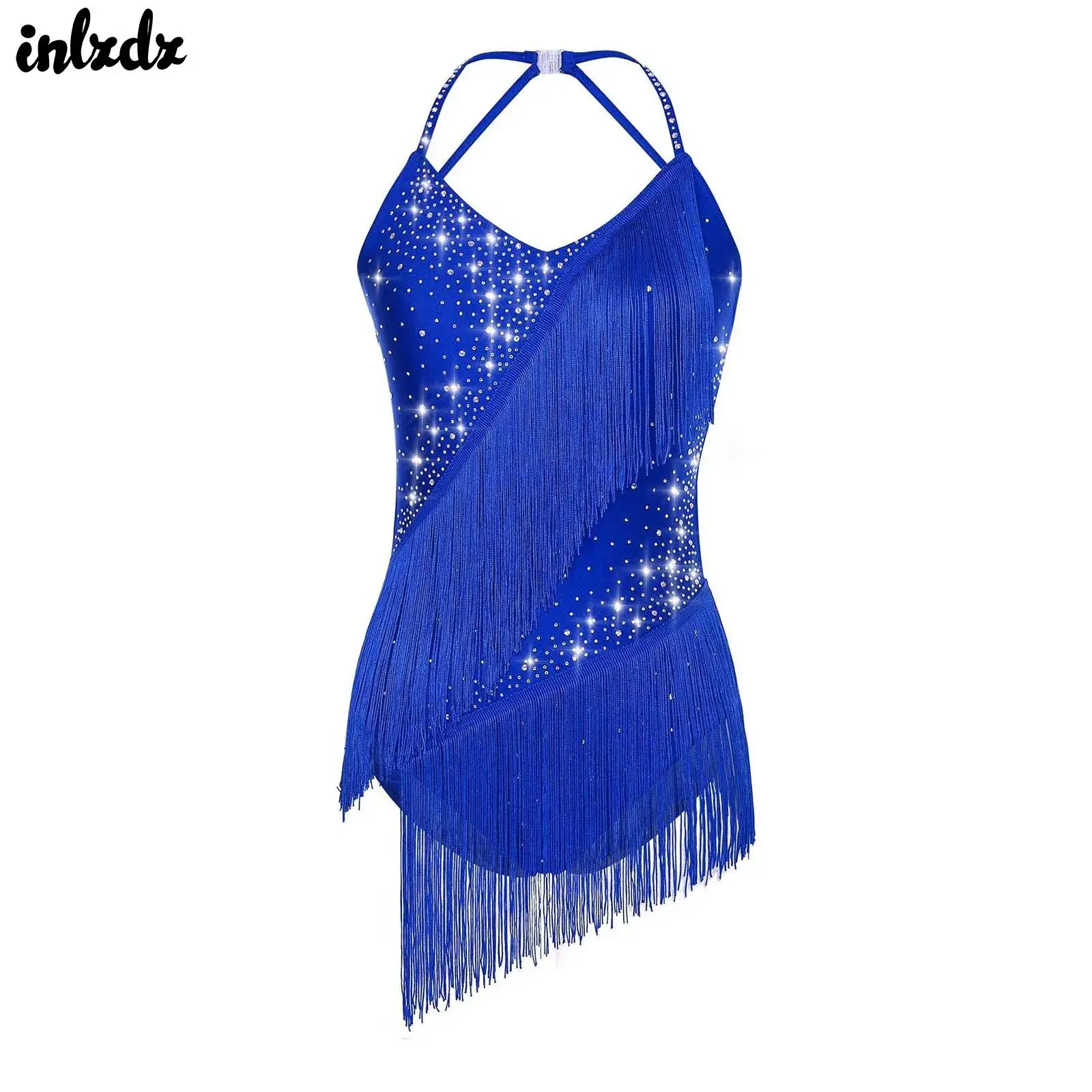 

Womens Rhinestones Tassels Latin Jazz Dance Leotards Dress Rhythmic Gymnastics Figure Skating Leotards Performance Costume
