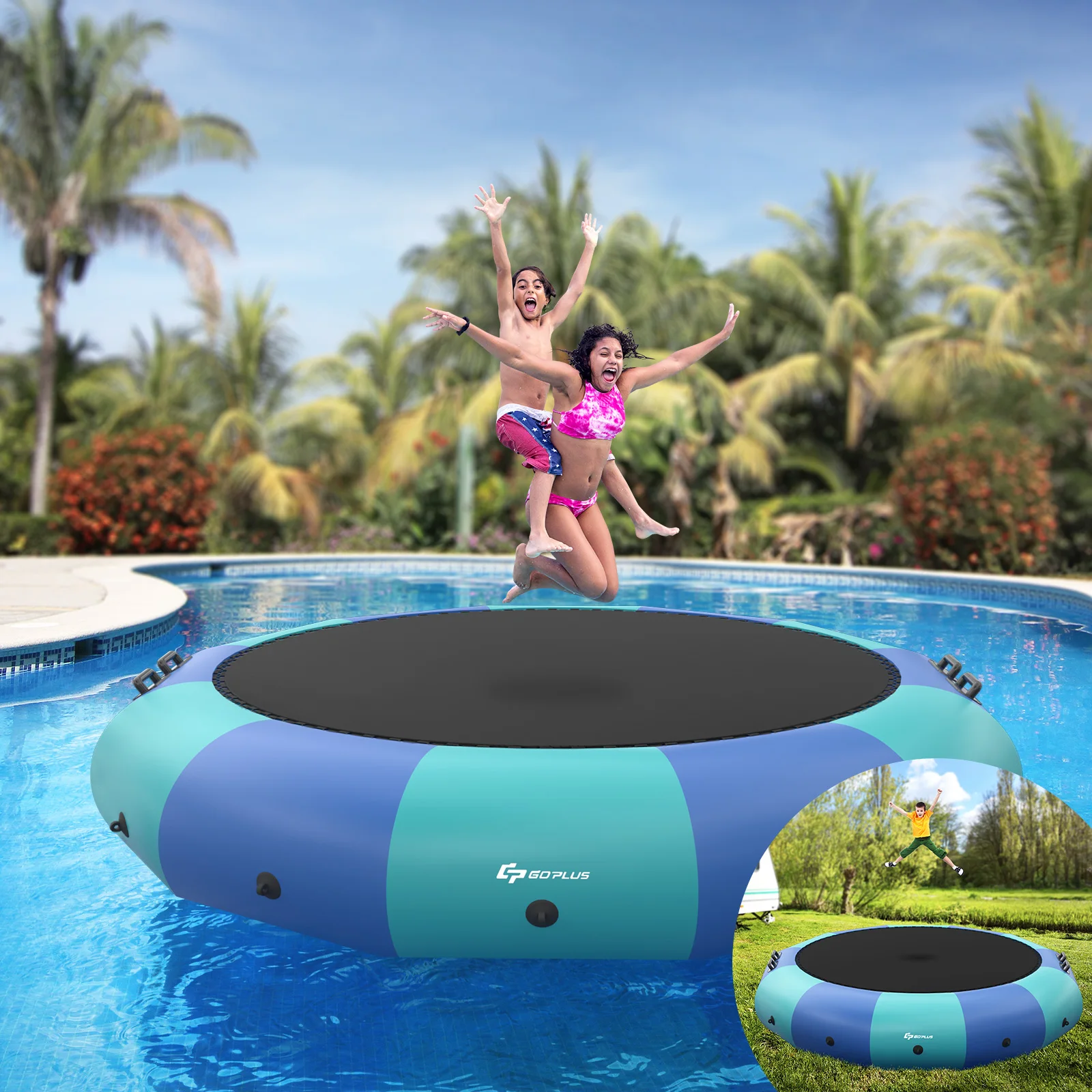 15FT Inflatable Water Bouncer Splash Padded Water Trampoline Blue & Green