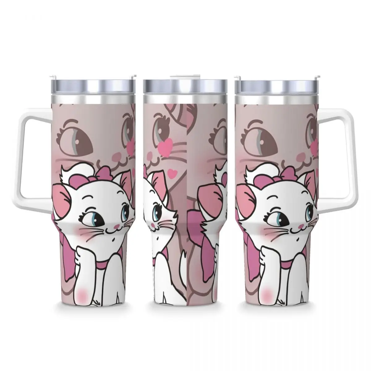 Cartoon Pink Marie Cat Stainless Steel Tumbler Kawaii Beach Thermal Cups With Straws and Lid Mugs Cup Cold and Hot Water Bottle